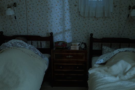 Chambre apaisante avec deux lits, lumière douce, table de nuit avec livres et horloge, ambiance propice à la détente.